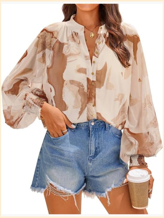 Tops - Floral Print Long Sleeve Button Down Boho Oversized Blouse